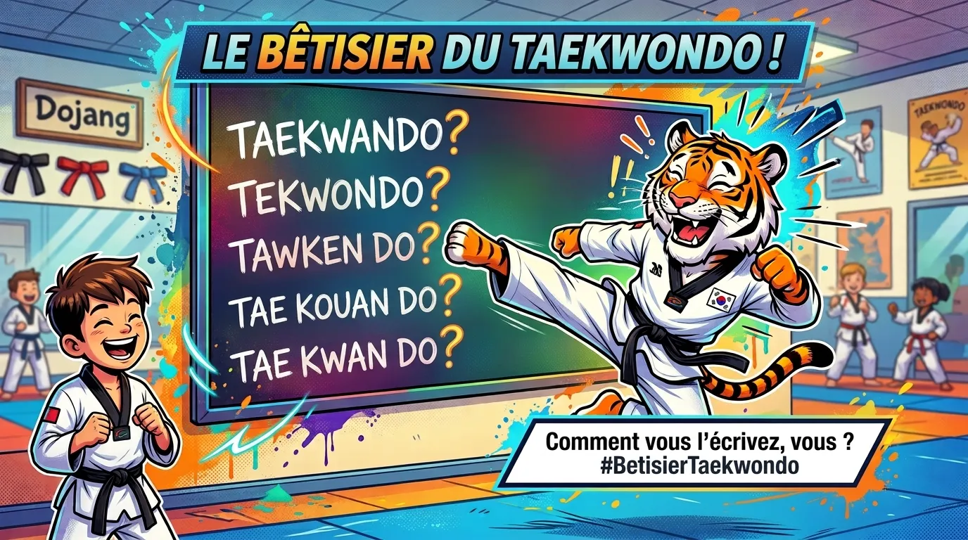 Dessin humoristique : un tigre en dobok donne un coup de pied devant un tableau couvert de fautes, « Taekwando », « Tekwondo », « Tawken do », sous le titre « Le bêtisier du taekwondo ! »