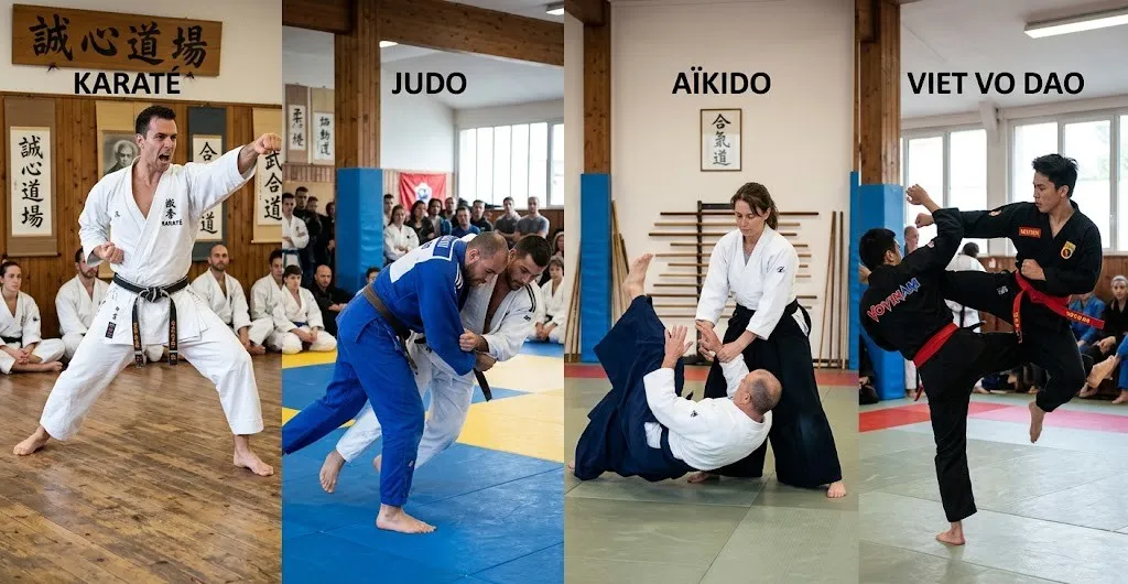 Quatre arts martiaux côte à côte : un karatéka en garde, deux judokas en projection, une aïkidoka qui projette son partenaire et deux pratiquants de viet vo dao en coup de pied